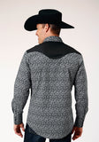 Roper Mens Long Sleeve Snap Black White Floral Print Western Shirt With Piping And Applique On Yokes - Roper