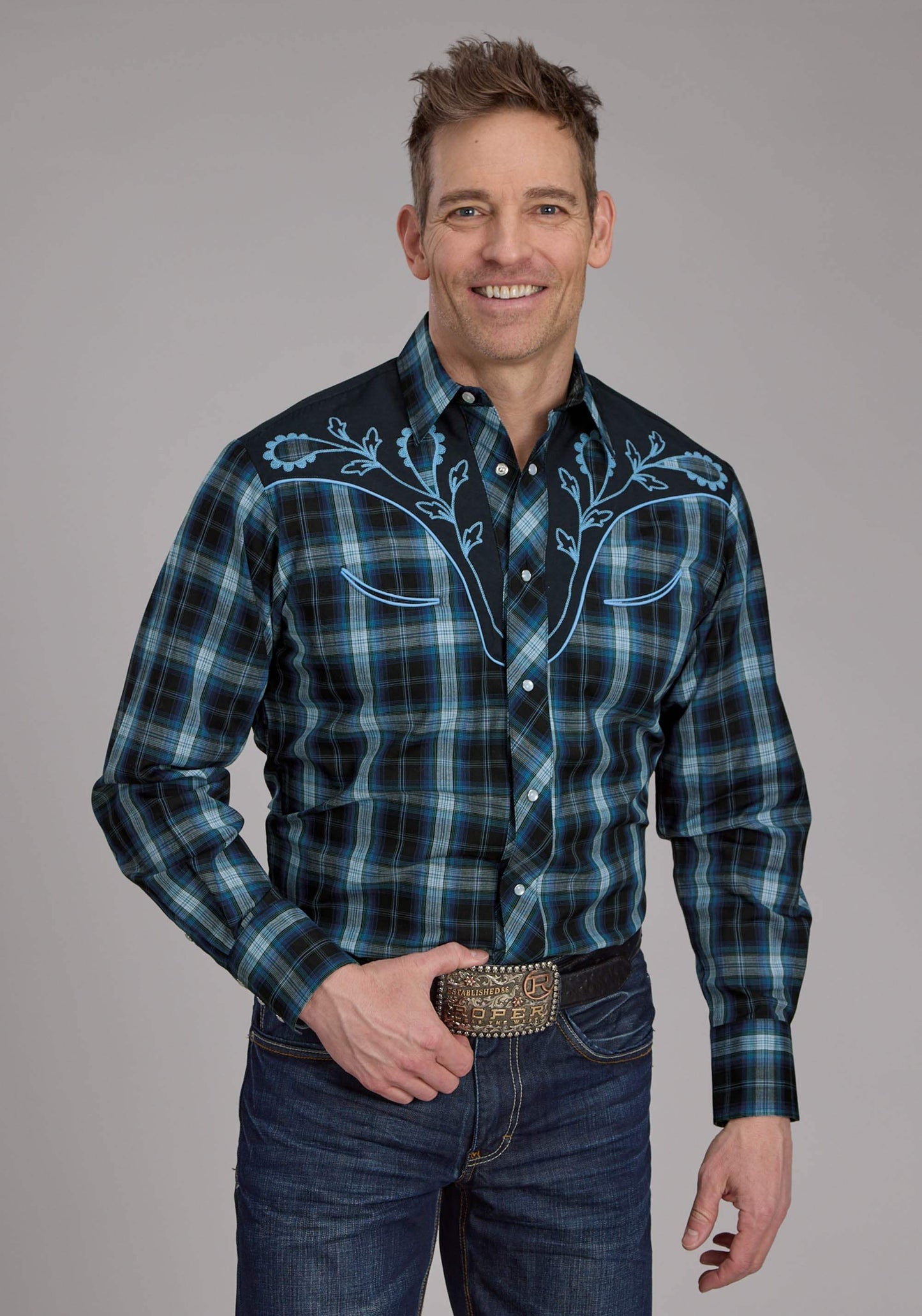 Roper Mens Mulit Blue Windowpane Plaid Long Sleeve Snap Western Shirt - Roper - Flyclothing LLC