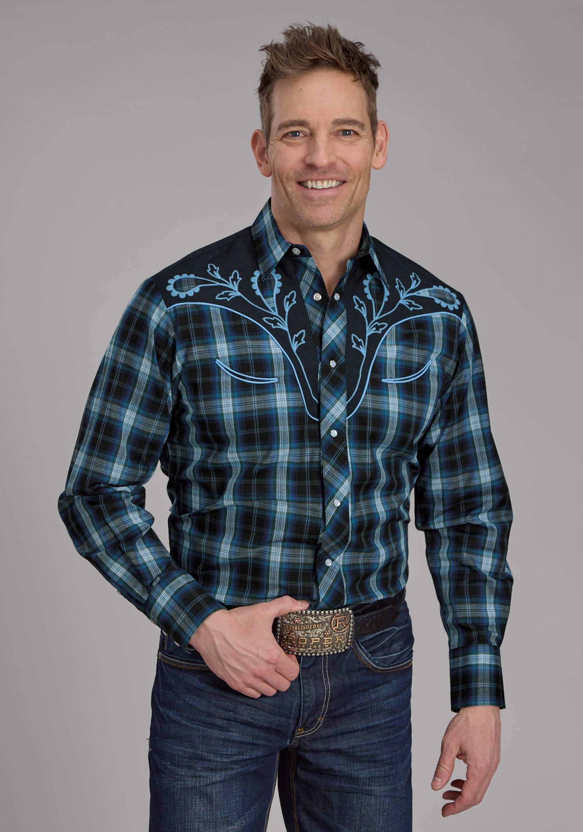Roper Mens Mulit Blue Windowpane Plaid Long Sleeve Snap Western Shirt - Roper - Flyclothing LLC