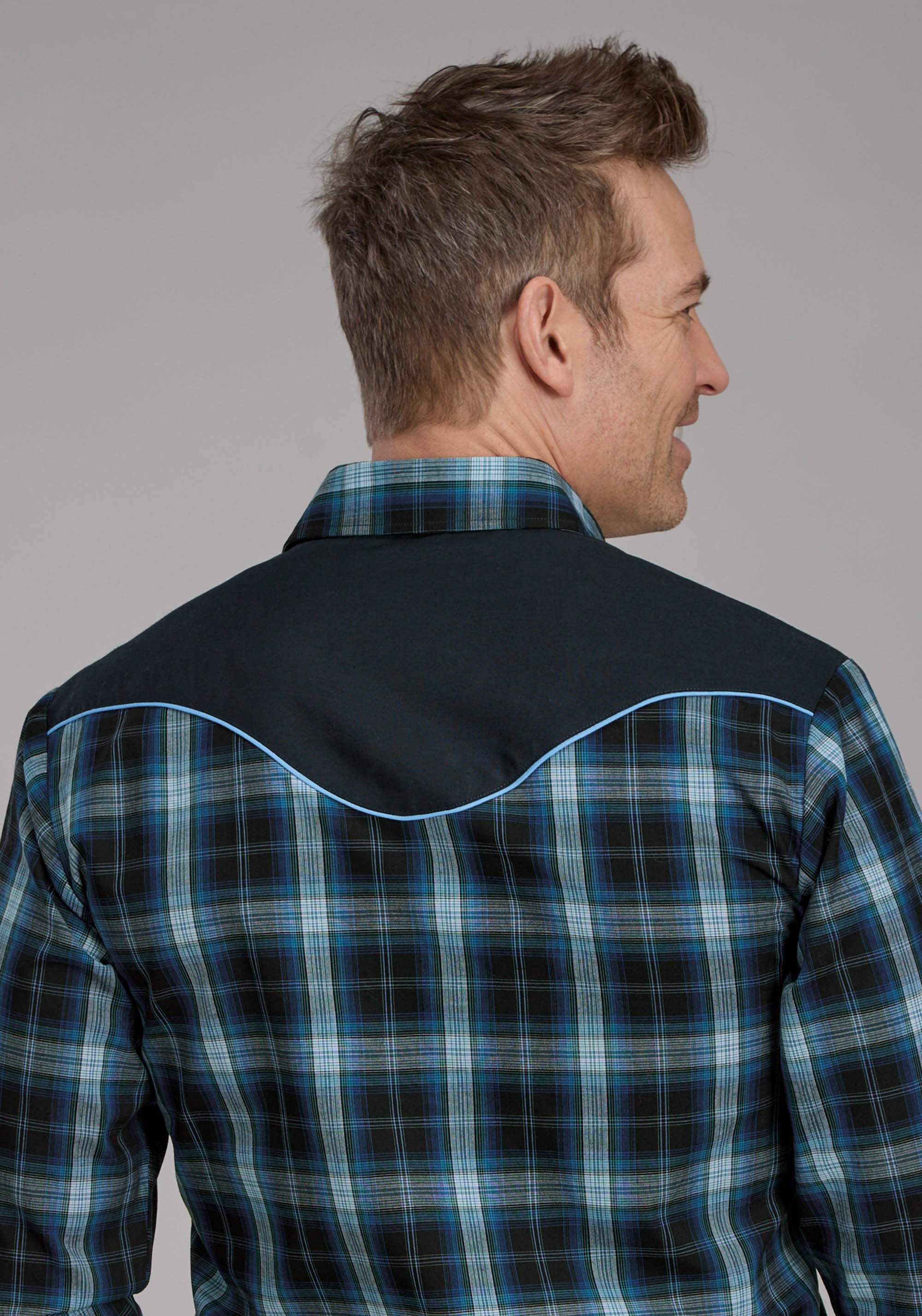 Roper Mens Mulit Blue Windowpane Plaid Long Sleeve Snap Western Shirt - Roper - Flyclothing LLC