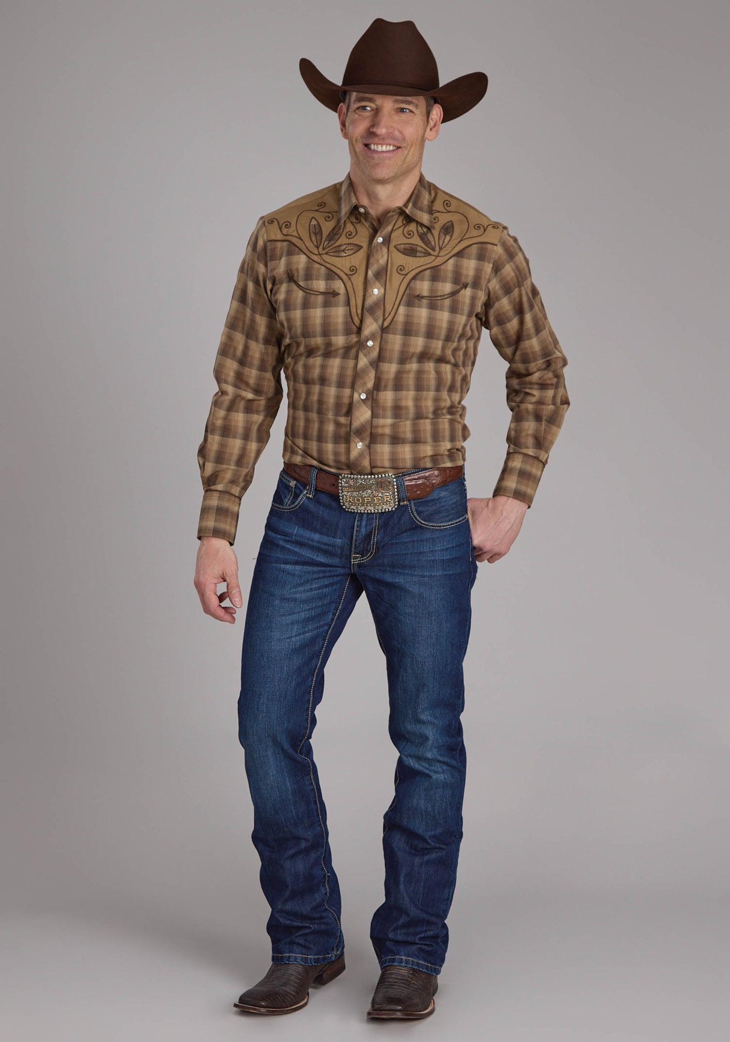 Roper Mens Brown And Tan Ombre Plaid Long Sleeve Snap Western Shirt