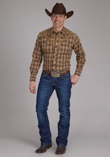 Roper Mens Brown And Tan Ombre Plaid Long Sleeve Snap Western Shirt