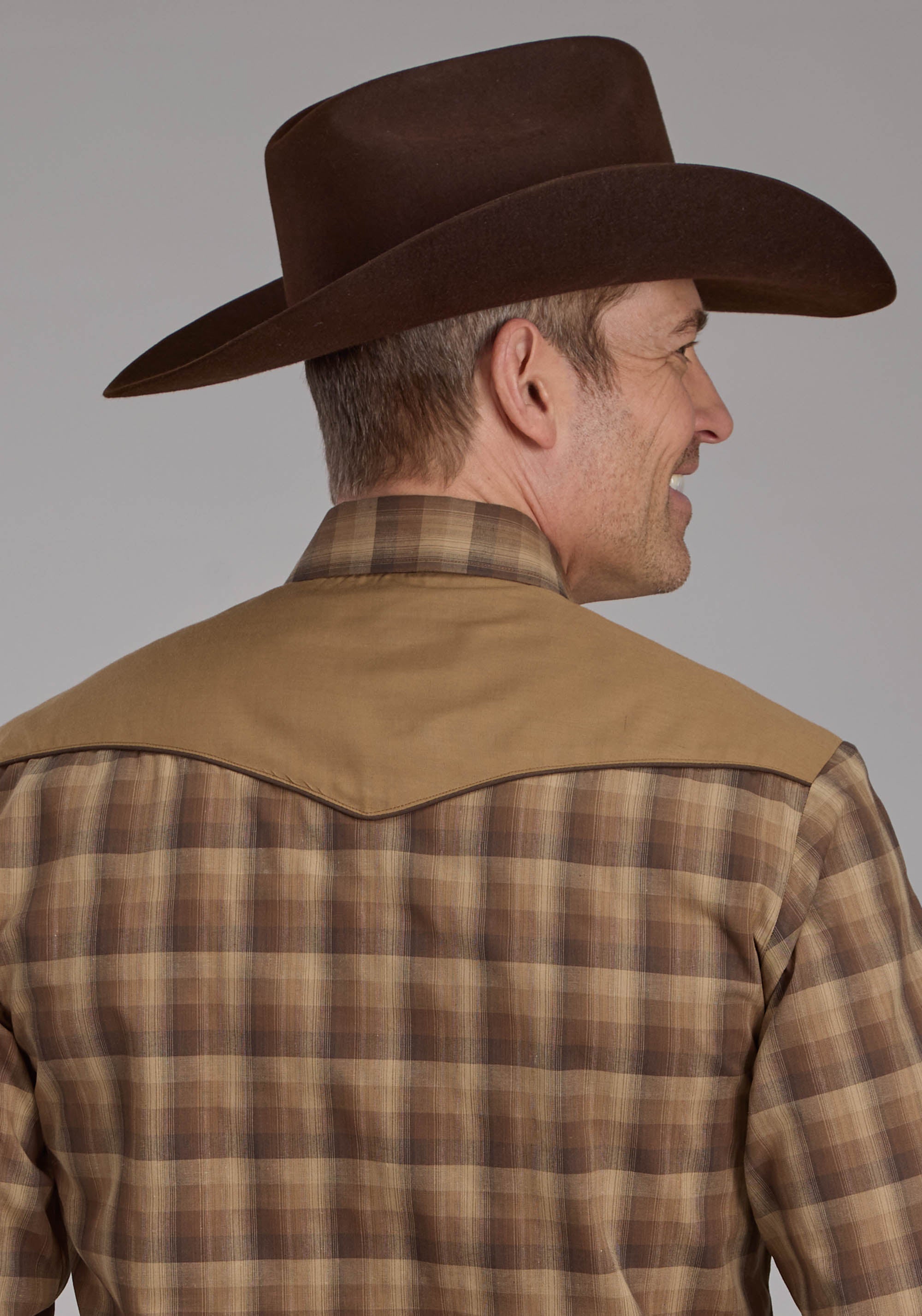 Roper Mens Brown And Tan Ombre Plaid Long Sleeve Snap Western Shirt