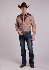 Roper Mens Long Sleeve Snap Brown And Cream Plaid Western Shirt - Roper - Flyclothing LLC
