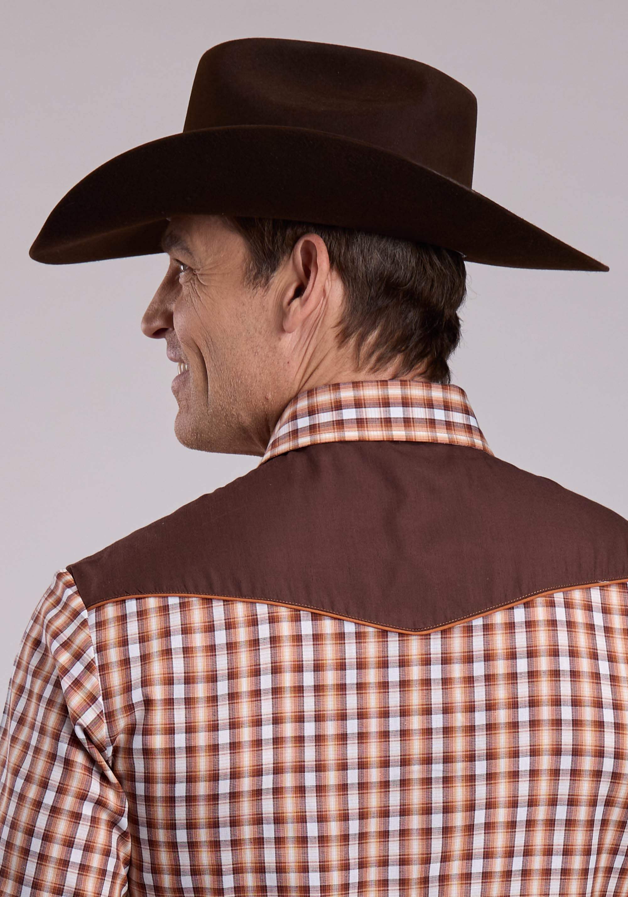 Roper Mens Long Sleeve Snap Brown And Cream Plaid Western Shirt - Roper - Flyclothing LLC