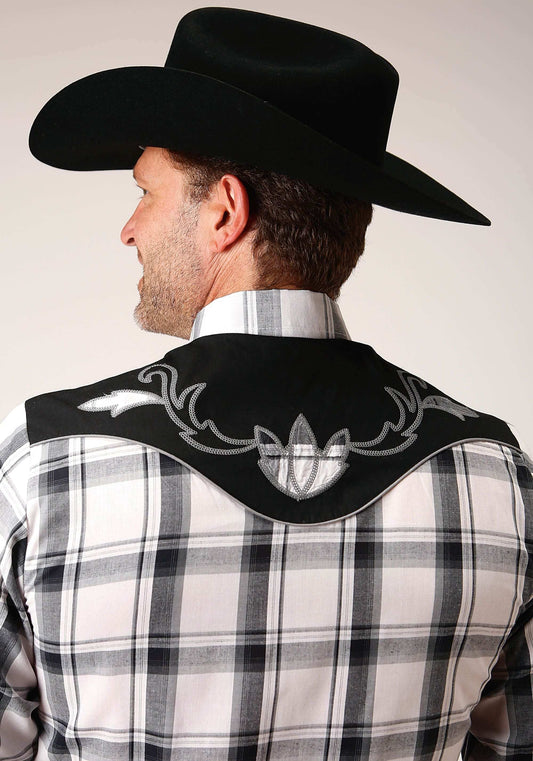 Roper Mens Long Sleeve Snap White Black Grey Plaid Western Shirt With Piping Contrast Yokes And Applique - Roper - Flyclothing LLC