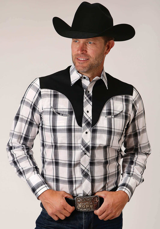 Roper Mens Long Sleeve Snap White Black Grey Plaid Western Shirt With Piping Contrast Yokes And Applique - Roper - Flyclothing LLC