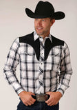Roper Mens Long Sleeve Snap White Black Grey Plaid Western Shirt With Piping Contrast Yokes And Applique - Roper - Flyclothing LLC