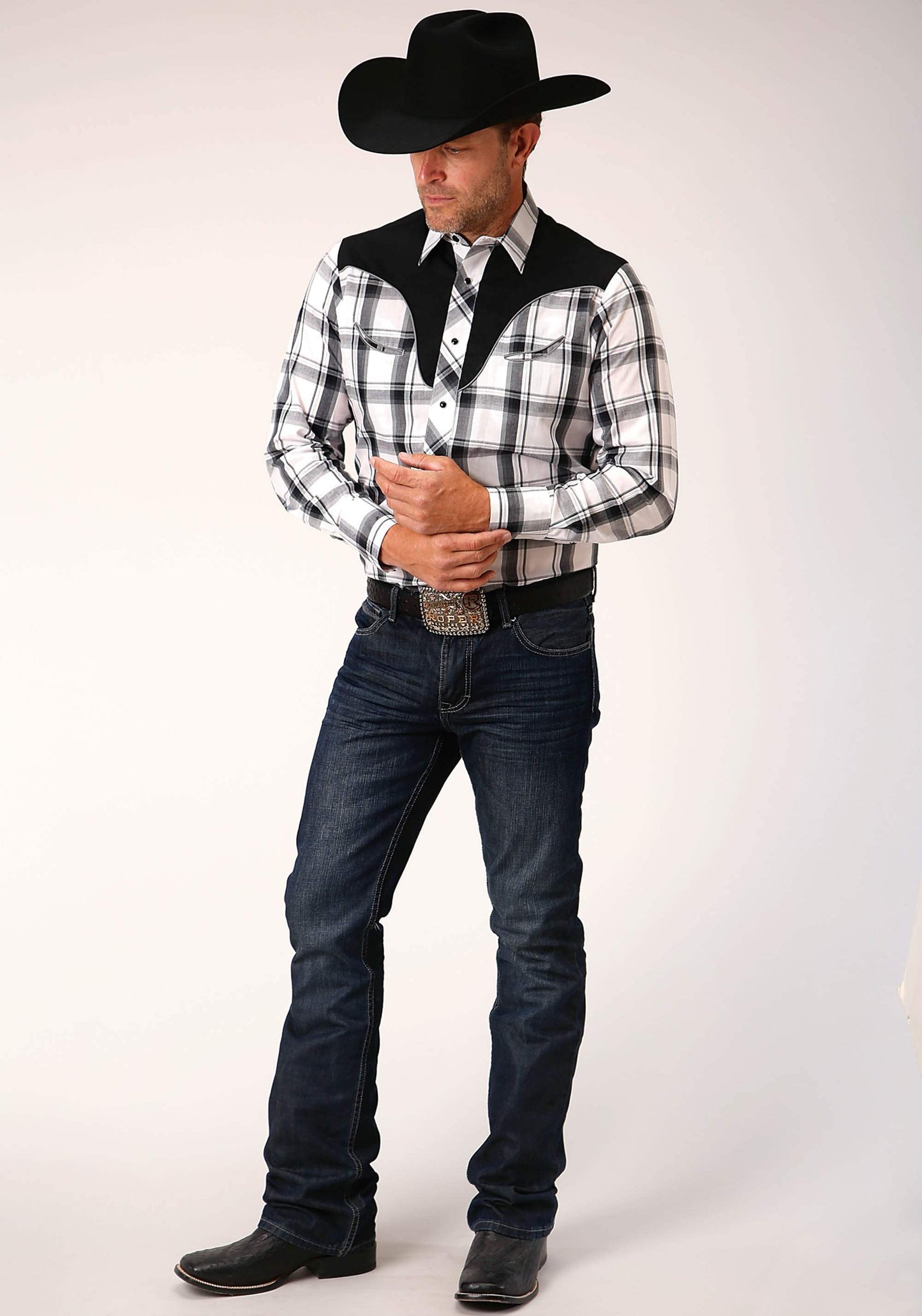 Roper Mens Long Sleeve Snap White Black Grey Plaid Western Shirt With Piping Contrast Yokes And Applique - Roper - Flyclothing LLC
