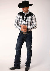 Roper Mens Long Sleeve Snap White Black Grey Plaid Western Shirt With Piping Contrast Yokes And Applique - Roper - Flyclothing LLC