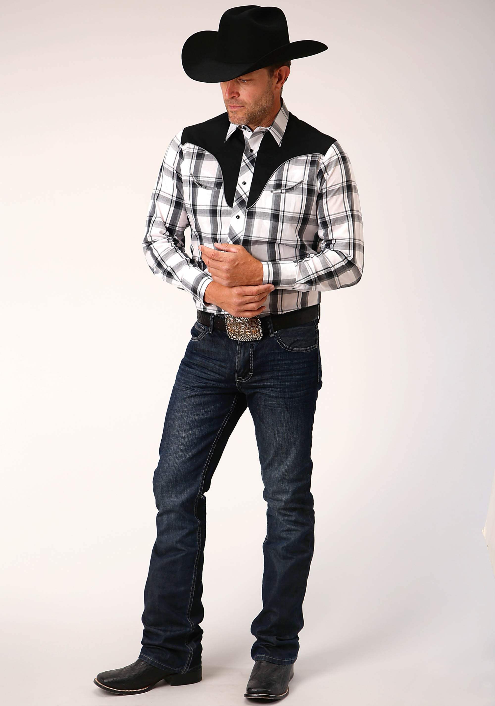Roper Mens Long Sleeve Snap White Black Grey Plaid Western Shirt With Piping Contrast Yokes And Applique - Roper - Flyclothing LLC