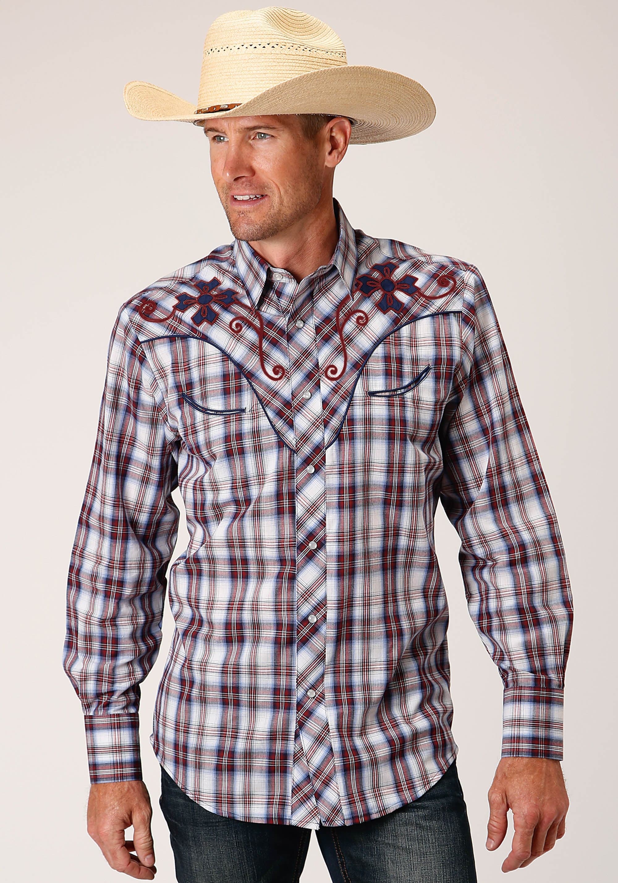 Roper Mens Long Sleeve Snap Wine  Navy  And White Plaid Western Shirt - Roper