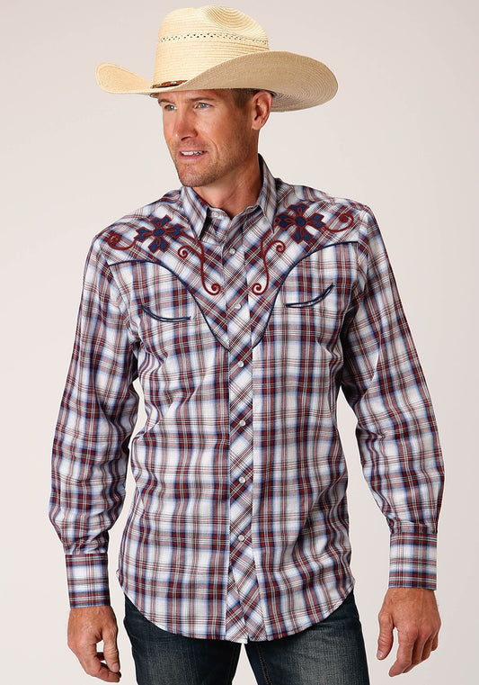Roper Mens Long Sleeve Snap Wine  Navy  And White Plaid Western Shirt - Roper