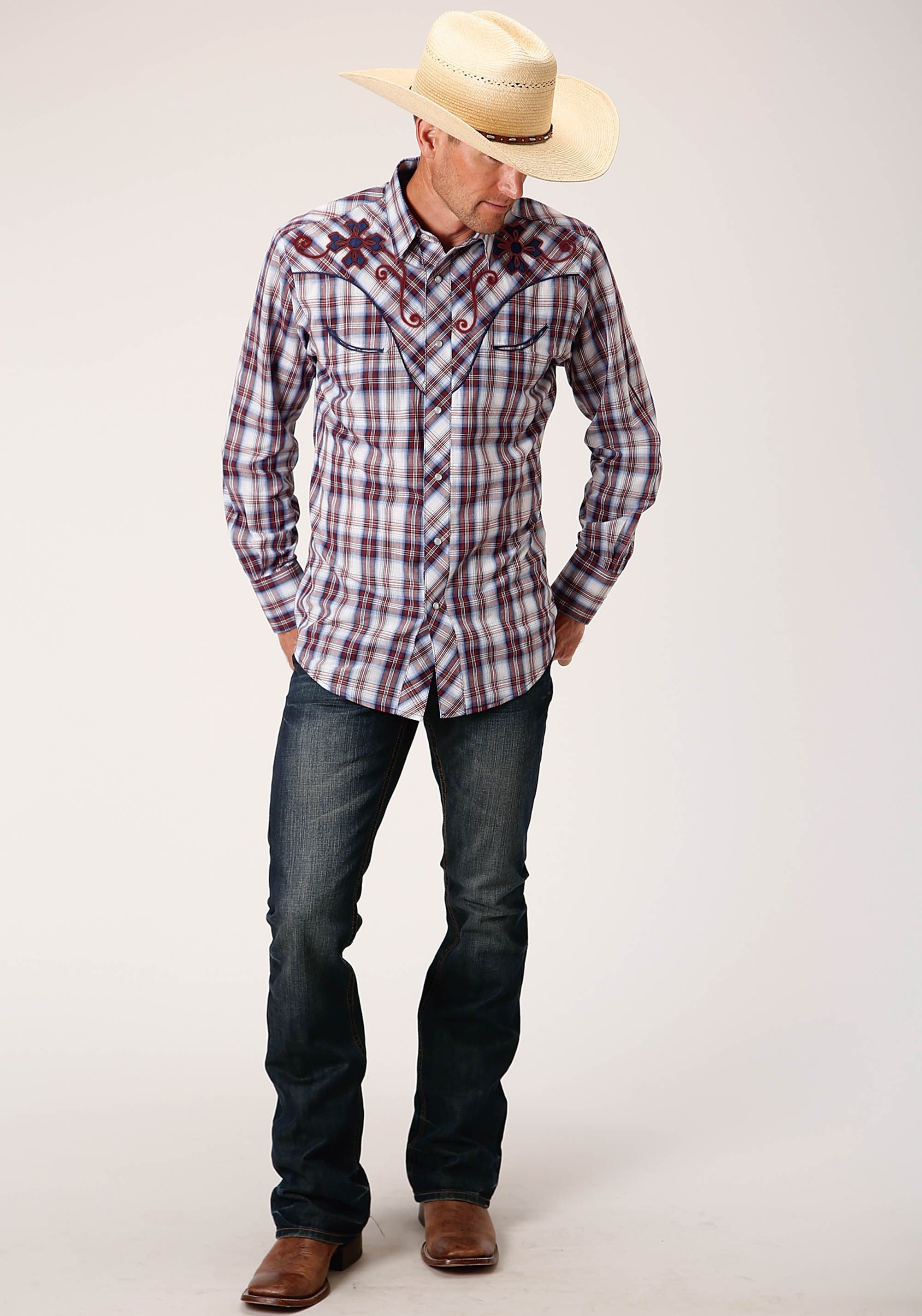 Roper Mens Long Sleeve Snap Wine  Navy  And White Plaid Western Shirt - Roper
