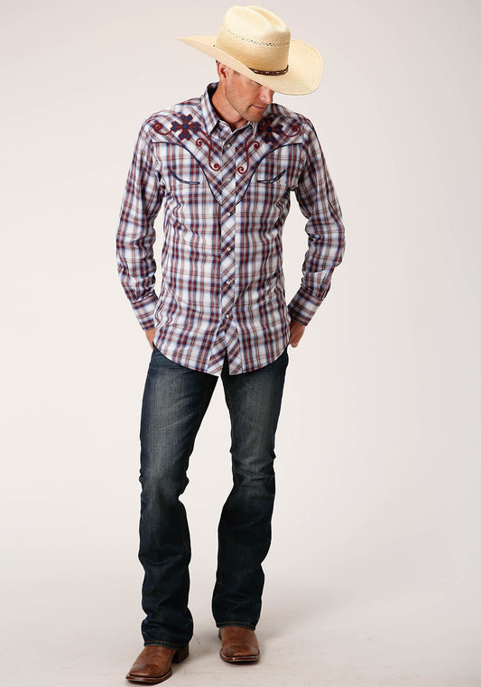 Roper Mens Long Sleeve Snap Wine  Navy  And White Plaid Western Shirt - Roper