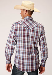 Roper Mens Long Sleeve Snap Wine  Navy  And White Plaid Western Shirt - Roper
