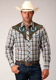 Roper Mens Long Sleeve Snap Brown  Blue  And White Plaid Western Shirt - Roper