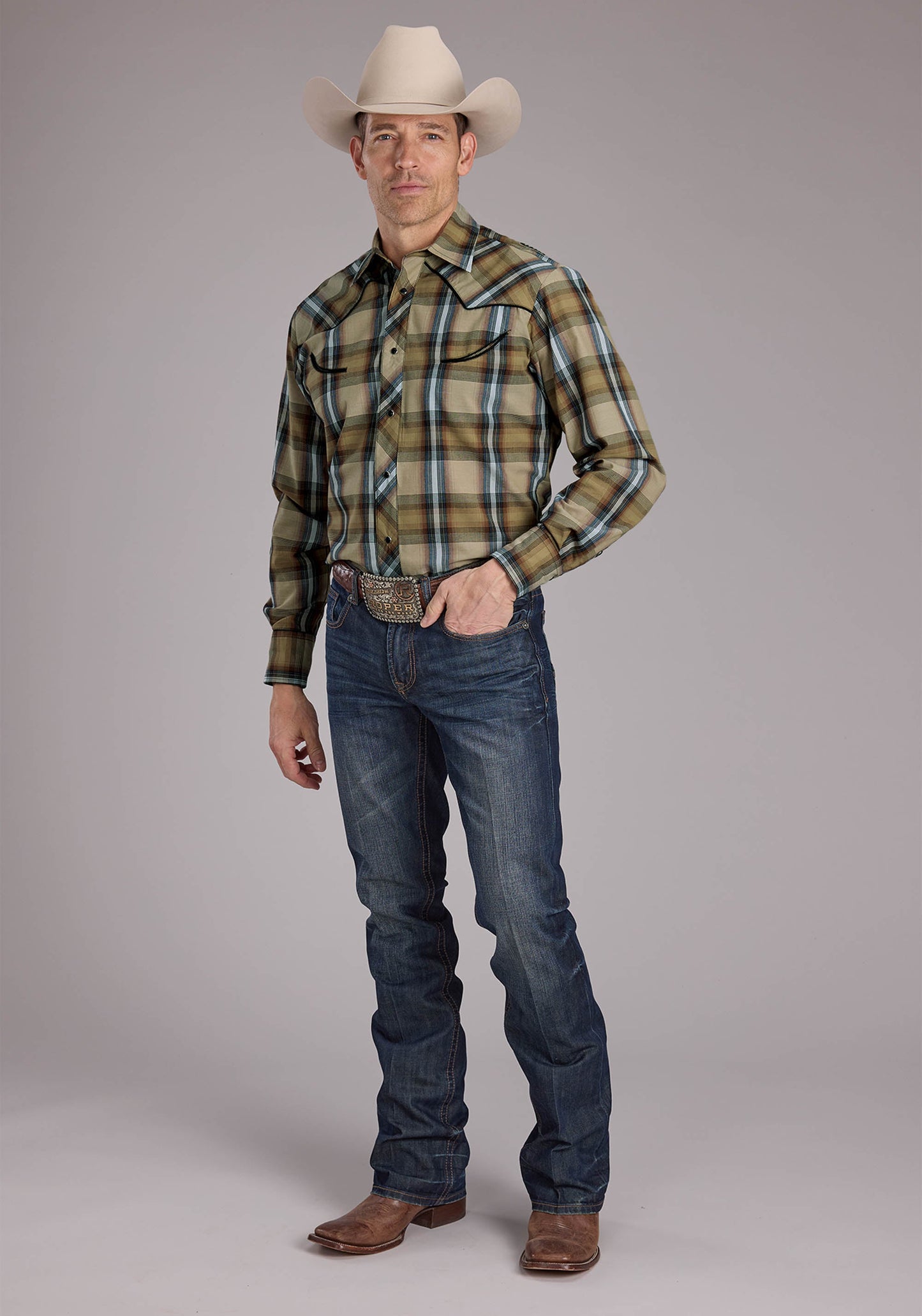 Roper Mens Tan Plaids Long Sleeve Snap Western Shirt