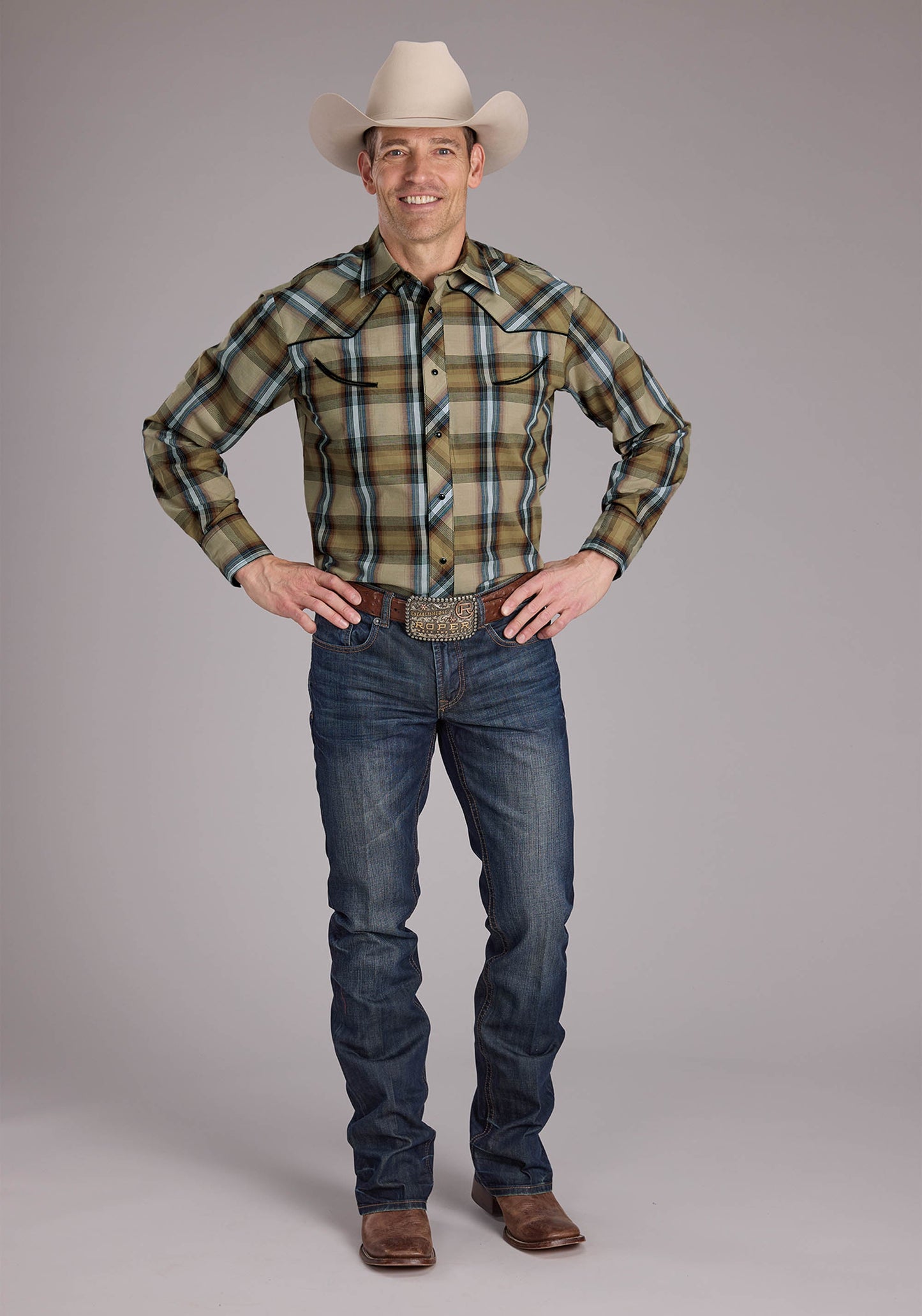 Roper Mens Tan Plaids Long Sleeve Snap Western Shirt