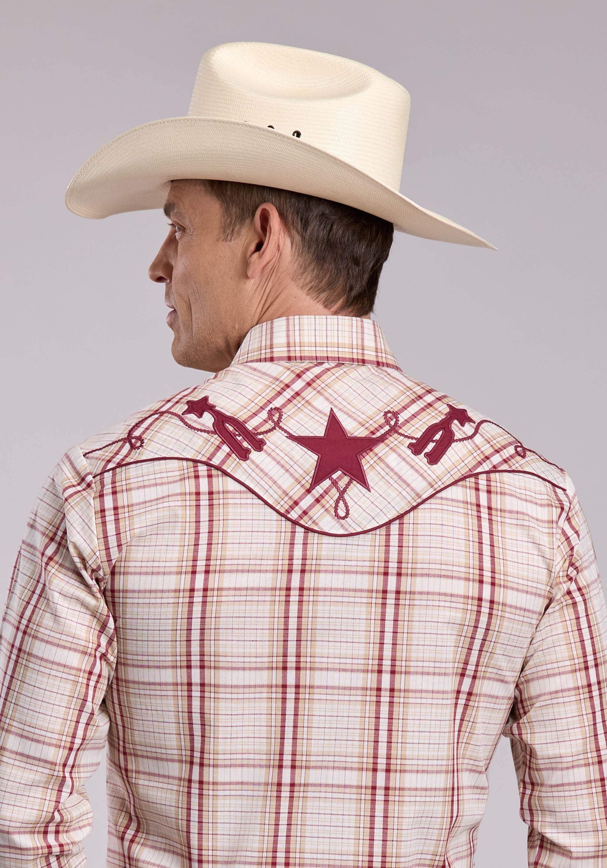 Mens Roper Tan Wine Plaid Long Sleeve Snap Shirt - Roper - Flyclothing LLC