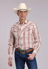 Mens Roper Tan Wine Plaid Long Sleeve Snap Shirt - Roper - Flyclothing LLC