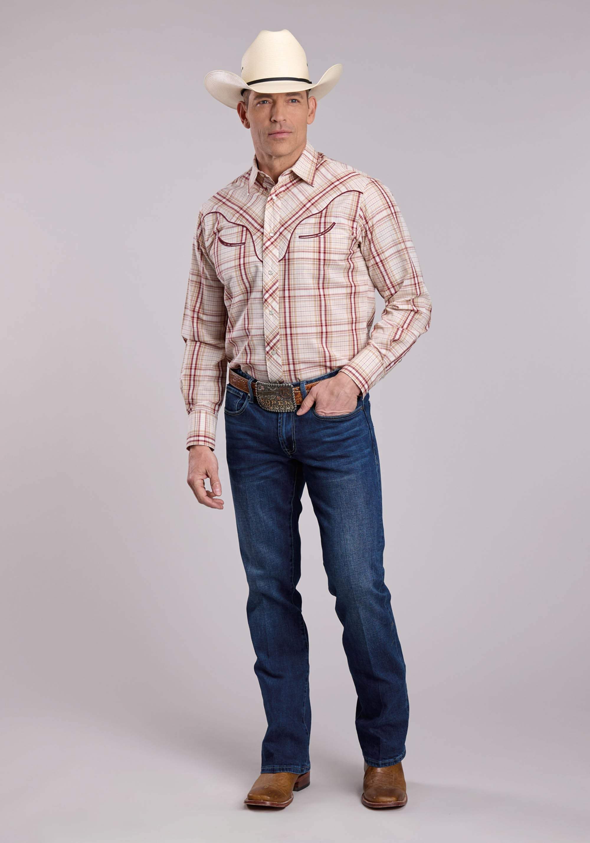 Mens Roper Tan Wine Plaid Long Sleeve Snap Shirt - Roper - Flyclothing LLC
