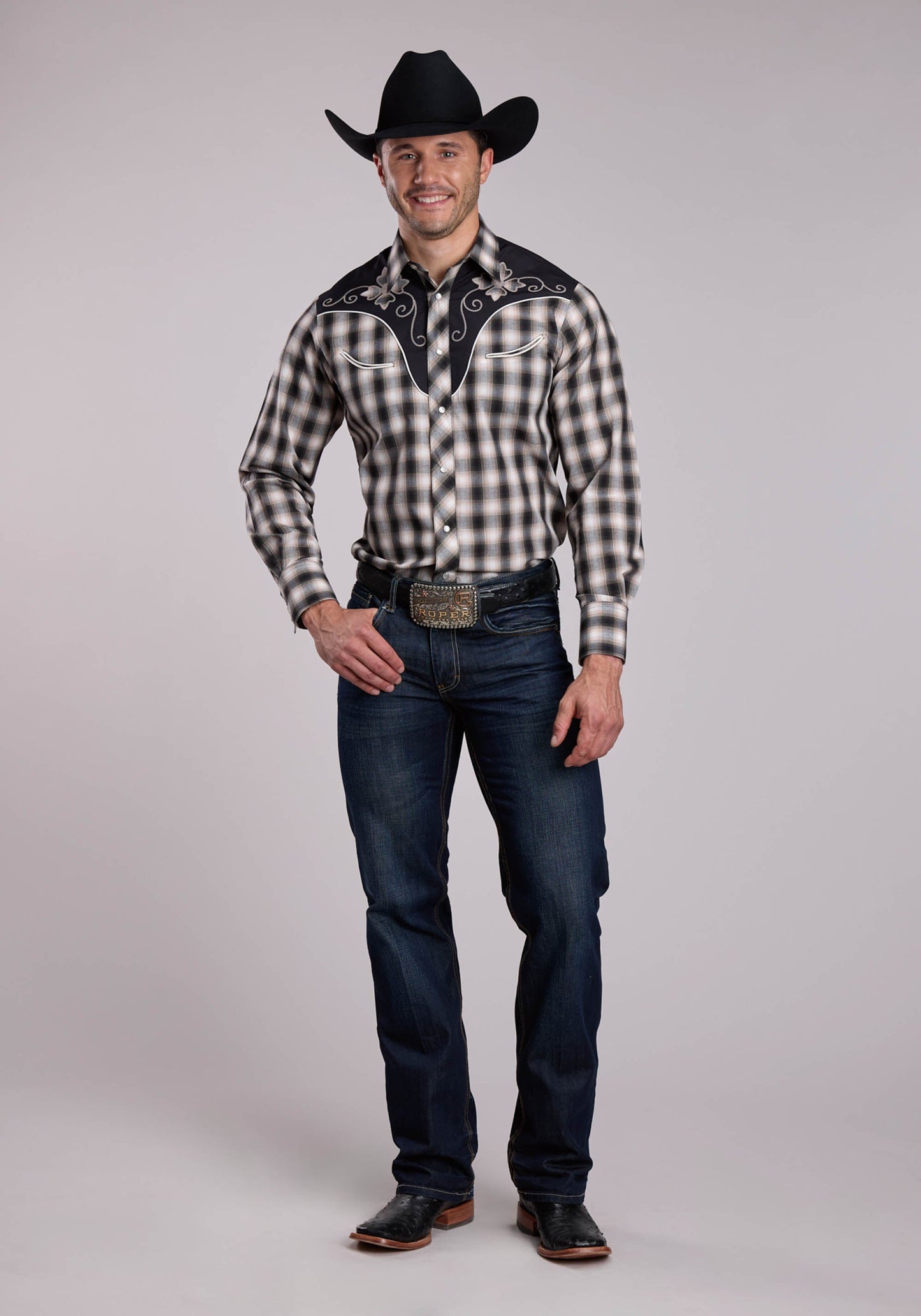 Mens Roper Black Plaid Long Sleeve Snap Shirt