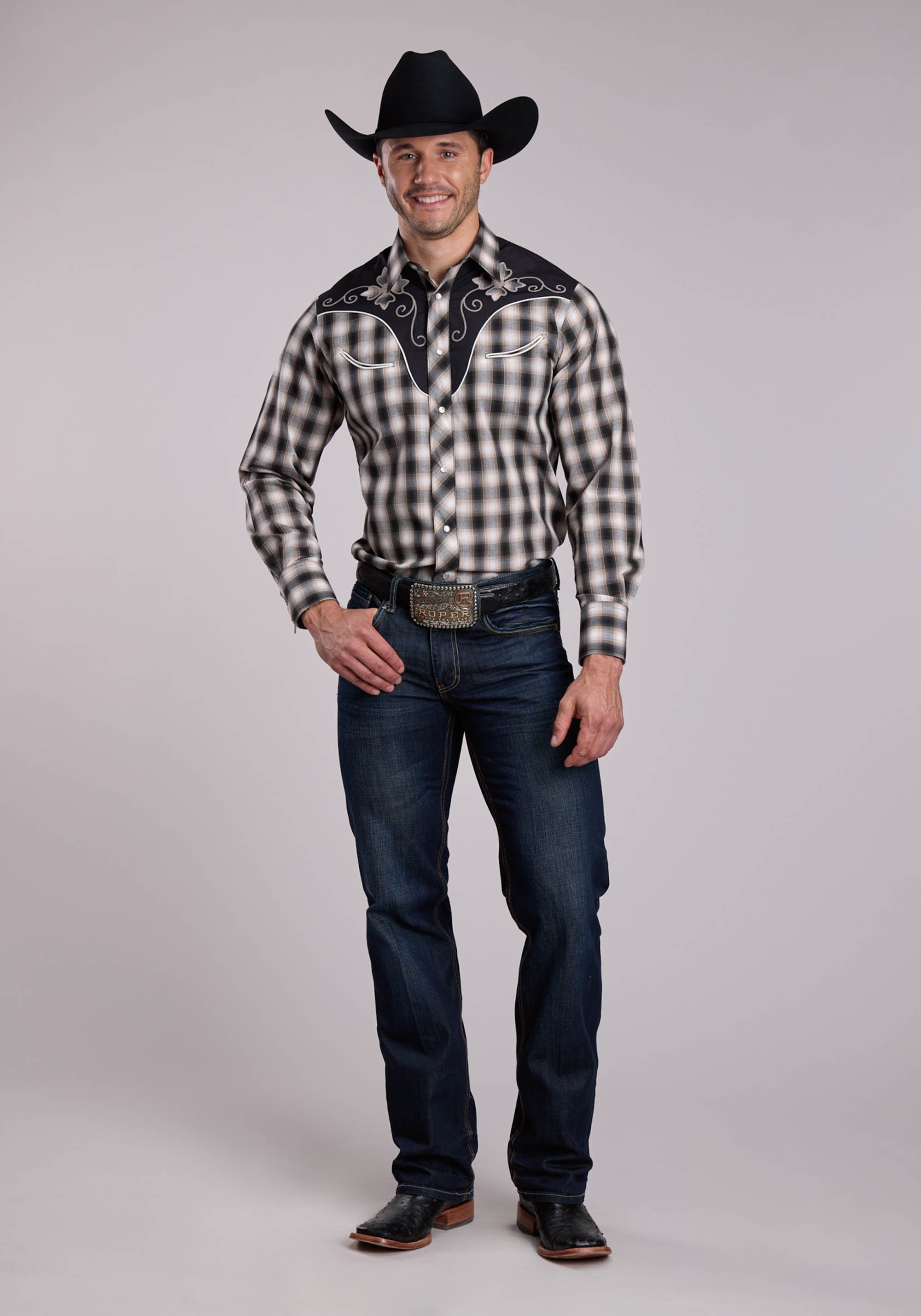 Mens Roper Black Plaid Long Sleeve Snap Shirt