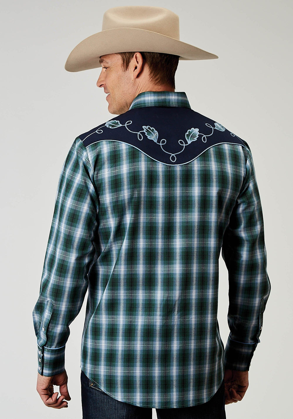 Roper Mens Long Sleeve Snap Ocean Plaid Western Shirt With Fancy Curved Yokes Applique On Back Yoke - Roper