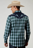 Roper Mens Long Sleeve Snap Ocean Plaid Western Shirt With Fancy Curved Yokes Applique On Back Yoke - Roper