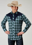 Roper Mens Long Sleeve Snap Ocean Plaid Western Shirt With Fancy Curved Yokes Applique On Back Yoke - Roper