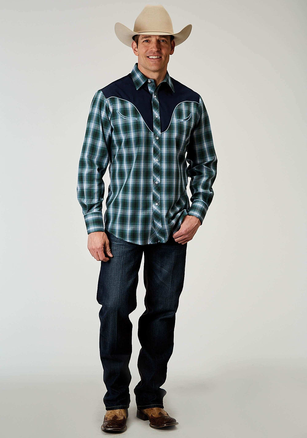Roper Mens Long Sleeve Snap Ocean Plaid Western Shirt With Fancy Curved Yokes Applique On Back Yoke - Roper - Flyclothing LLC