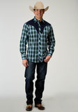 Roper Mens Long Sleeve Snap Ocean Plaid Western Shirt With Fancy Curved Yokes Applique On Back Yoke - Roper