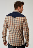 Roper Mens Long Sleeve Snap Brown Plaid Western Shirt With Fancy Curved Yokes Applique On Front Yoke - Roper