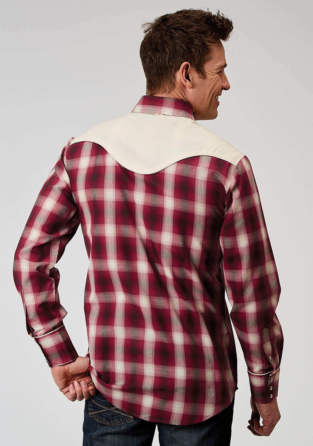 Roper Mens Long Sleeve Snap Red Plaid Western Shirt With Fancy Curved Yokes Applique On Front Yoke - Roper - Flyclothing LLC