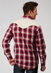 Roper Mens Long Sleeve Snap Red Plaid Western Shirt With Fancy Curved Yokes Applique On Front Yoke - Roper