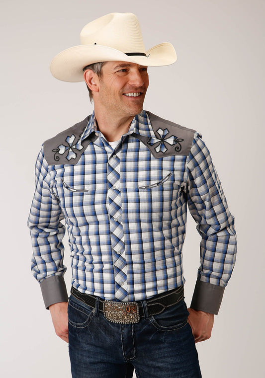 Roper Mens Long Sleeve Snap Royal  Black  And Cream Plaid Western Shirt - Roper