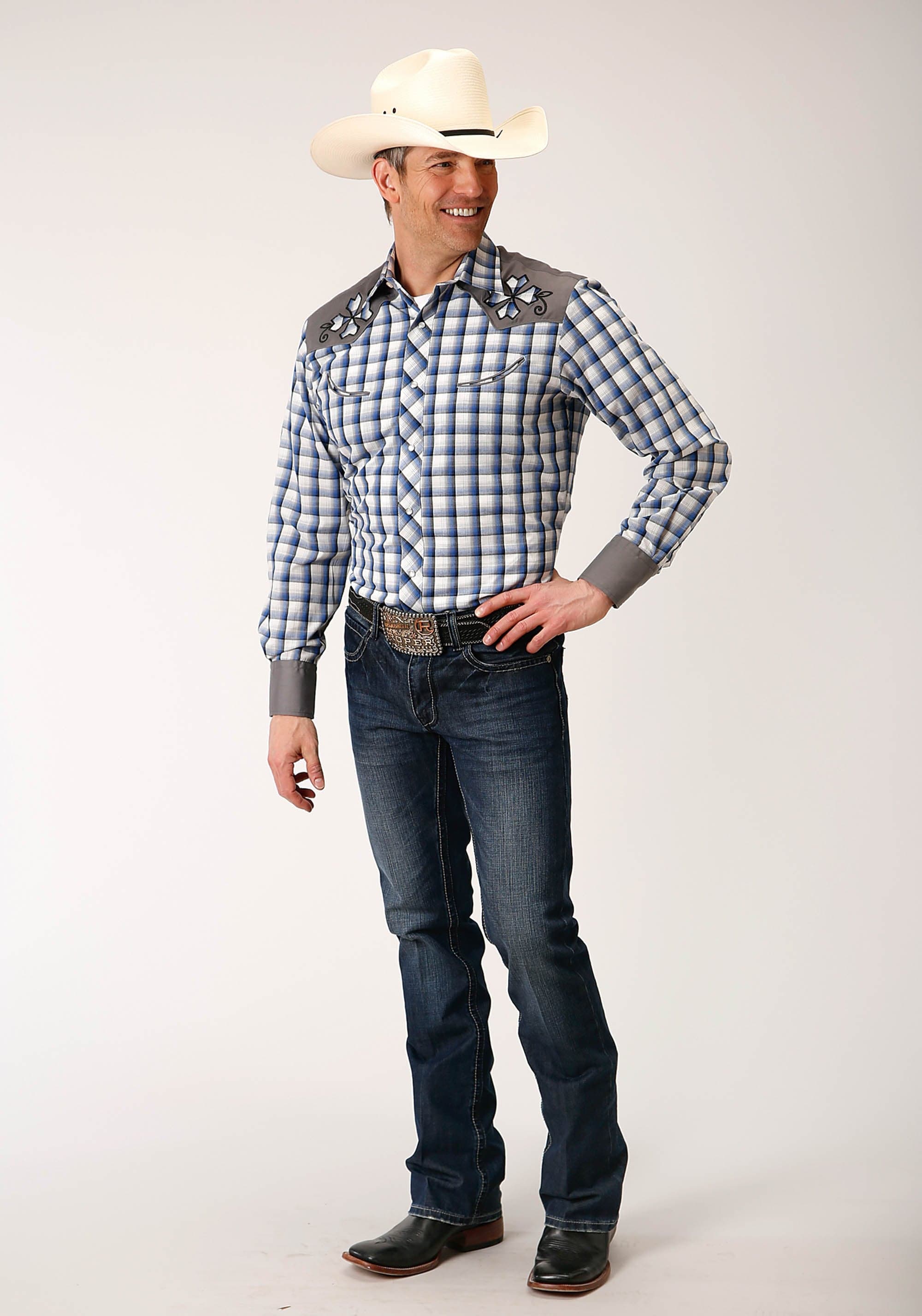 Roper Mens Long Sleeve Snap Royal  Black  And Cream Plaid Western Shirt - Roper