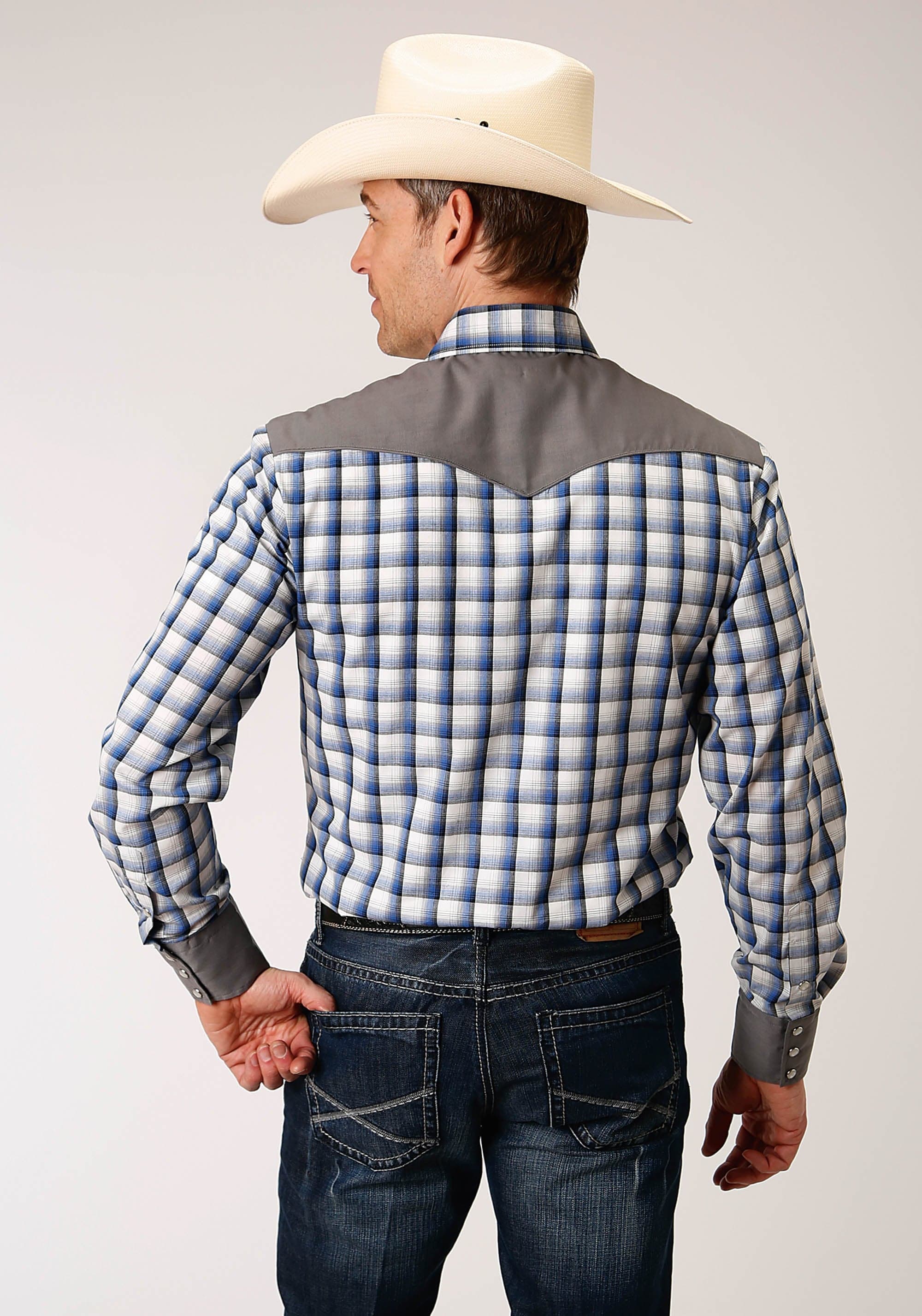 Roper Mens Long Sleeve Snap Royal  Black  And Cream Plaid Western Shirt - Roper