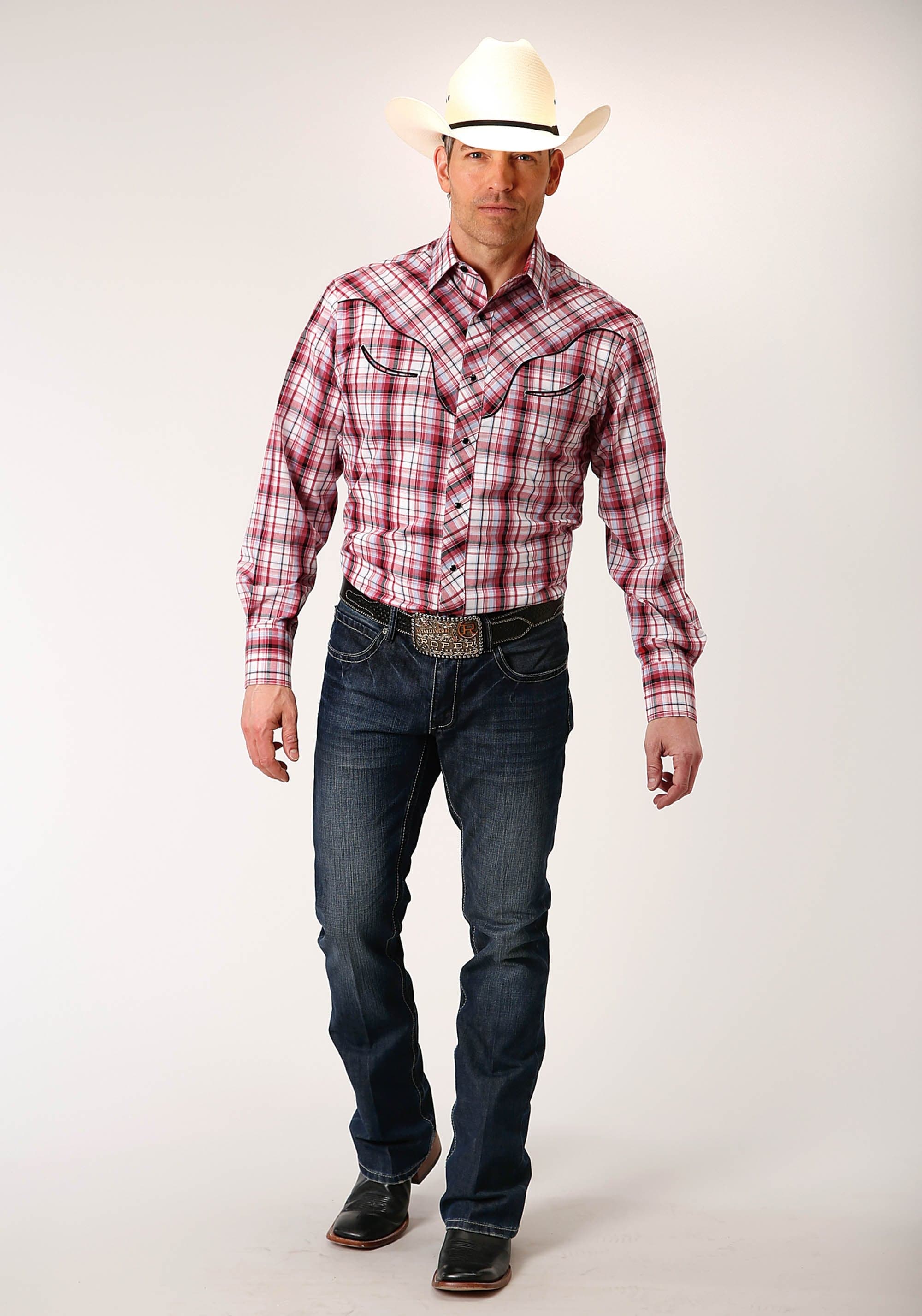 Roper Mens Long Sleeve Snap Red Plaid Western Shirt - Roper