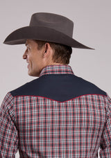 Mens Roper Red Navy  White Plaid Long Sleeve Snap Shirt
