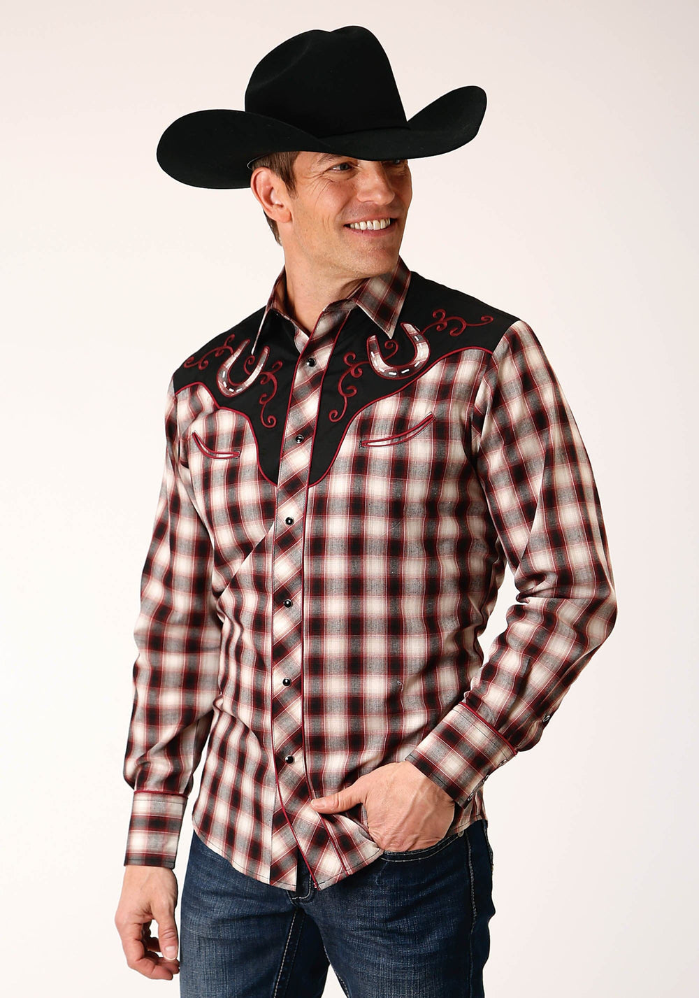 Roper Mens Long Sleeve Snap Wine Black Cream Plaid Western Shirt With Piping And Applique On Yokes - Roper