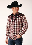 Roper Mens Long Sleeve Snap Wine Black Cream Plaid Western Shirt With Piping And Applique On Yokes - Roper