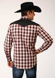 Roper Mens Long Sleeve Snap Wine Black Cream Plaid Western Shirt With Piping And Applique On Yokes - Roper