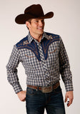 Roper Mens Long Sleeve Snap Navy Cream Tan Small Scale Plaid Western Shirt With Piping And Applique On Yokes - Roper