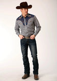 Roper Mens Long Sleeve Snap Navy Cream Tan Small Scale Plaid Western Shirt With Piping And Applique On Yokes - Roper