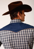 Roper Mens Long Sleeve Snap Navy Cream Tan Small Scale Plaid Western Shirt With Piping And Applique On Yokes - Roper
