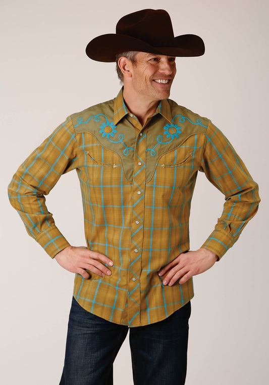 Roper Mens Long Sleeve Snap Butterscotch Turquoise Plaid Western Shirt - Roper