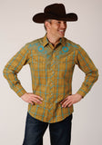 Roper Mens Long Sleeve Snap Butterscotch Turquoise Plaid Western Shirt - Roper