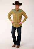 Roper Mens Long Sleeve Snap Butterscotch Turquoise Plaid Western Shirt - Roper